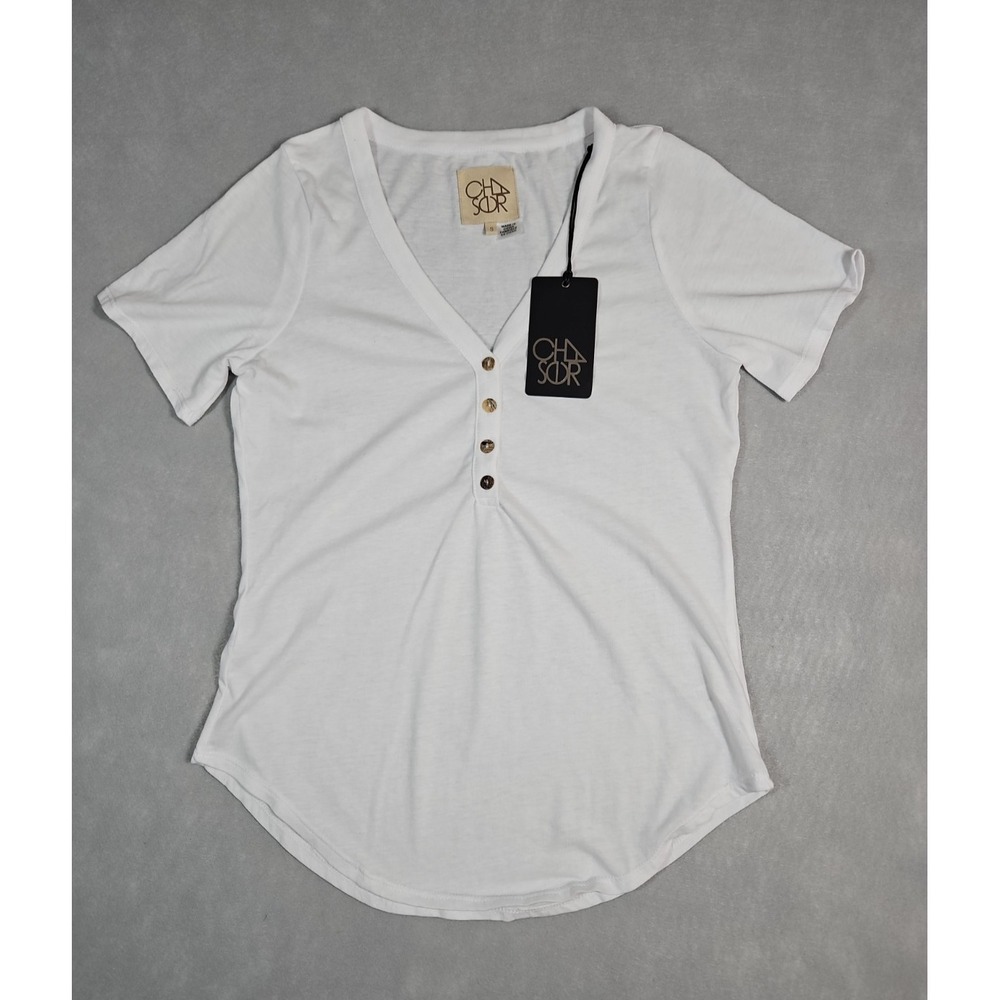 Chaser Womens White Henley‎ V Neck T Shirt Size Small NWT